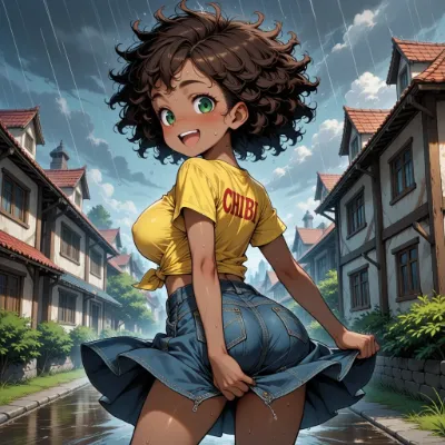 雨の街でチビ少女のスカートが舞う