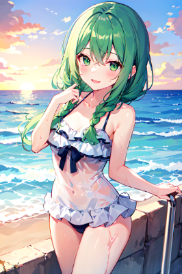夕焼けの海で