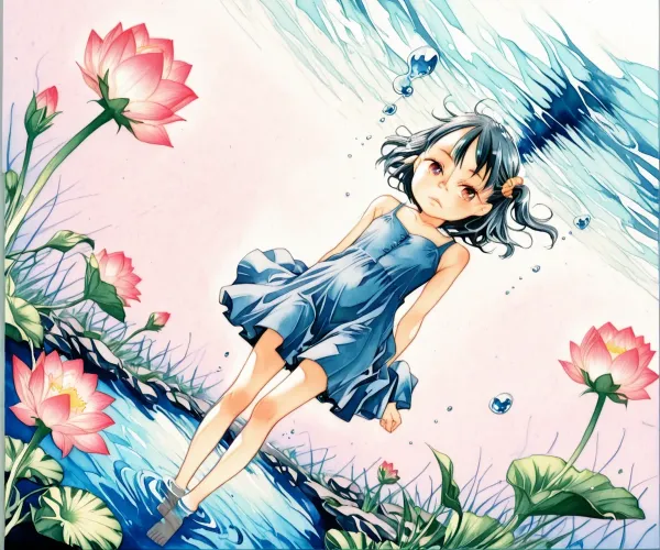 水中の少女と蓮