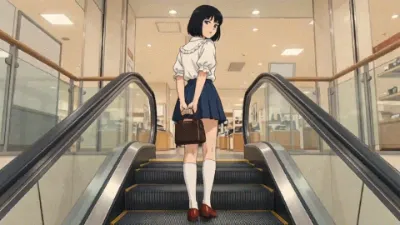 上りエスカレーターでスカートの覗き見を警戒する女の子 2　GIF