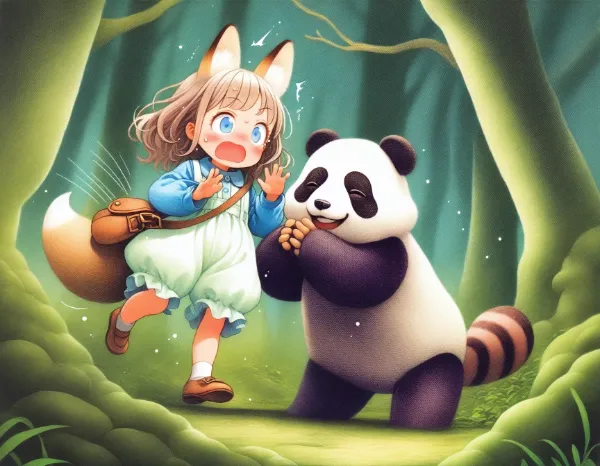 コン子とポン子・ある日、山の中パンダさんに出会った