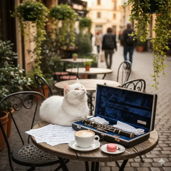 路地のカフェで響く白猫の調べ