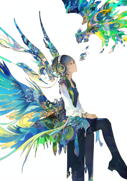 彩りの柄がある翼を持つヘッドホンをしている女の子