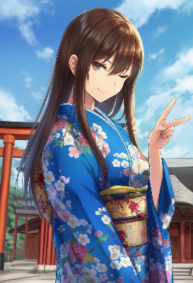 青い浴衣の夏の微笑み