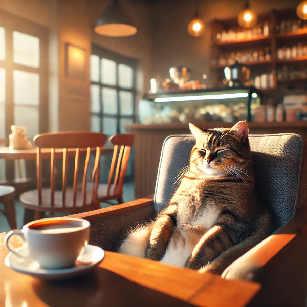 カフェで居眠りをする猫さん