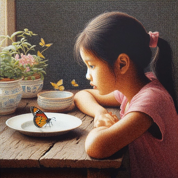 皿の上にとまっている蝶々を眺める少女 (点描画)