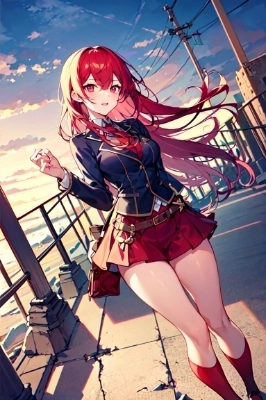 hot pants, knee socks, tight skirt, red long hair,blown eye, girl ,