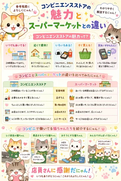 可愛い猫ちゃんがコンビニエンスストアの魅力とスーパーマーケットとの違いを解説するにゃん！
