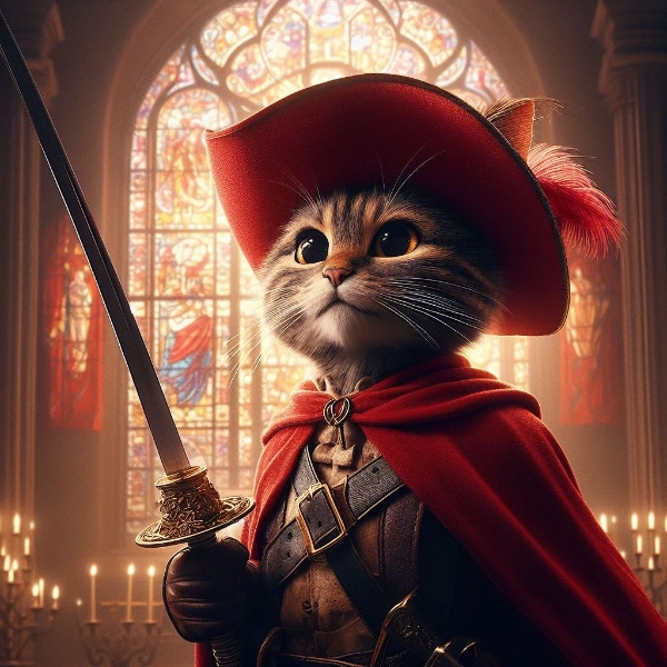 赤帽子をかぶった騎士猫