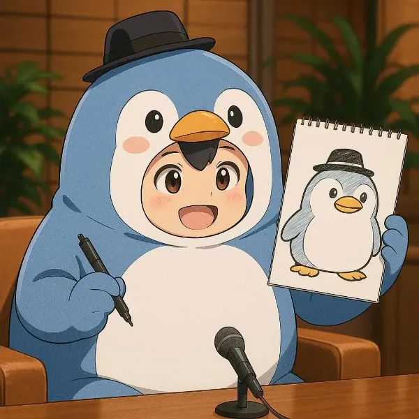 ペンギン着ぐるみの小さな画家