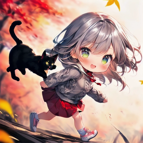 猫と駆ける夕紅葉の道