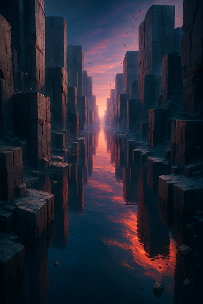 夕陽の鏡に映る失われた都市