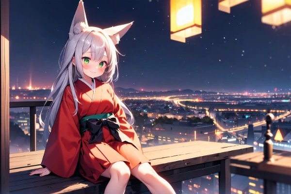 高いところから夜景を見下ろすきつねさん