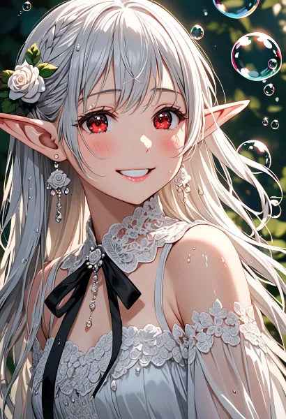 笑顔の白髪エルフ