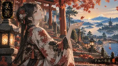 紅葉舞う夕陽の参道で夢見る少女