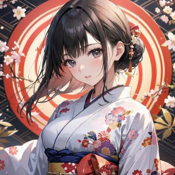 桜舞う着物少女の微笑み