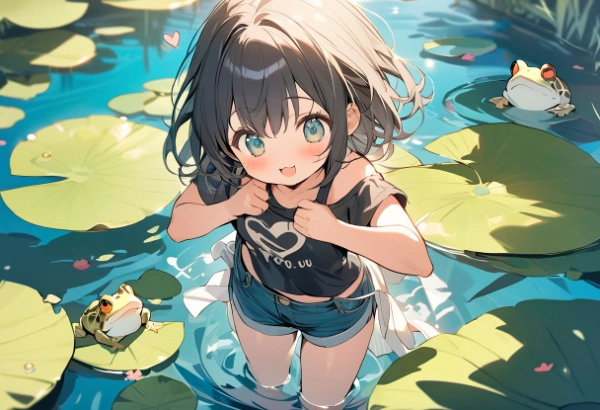 池で遊ぶ女の子とそれを見ているカエルさん2匹