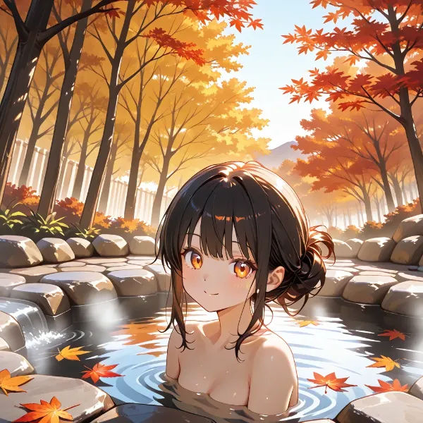 紅葉の湯に浸かる少女