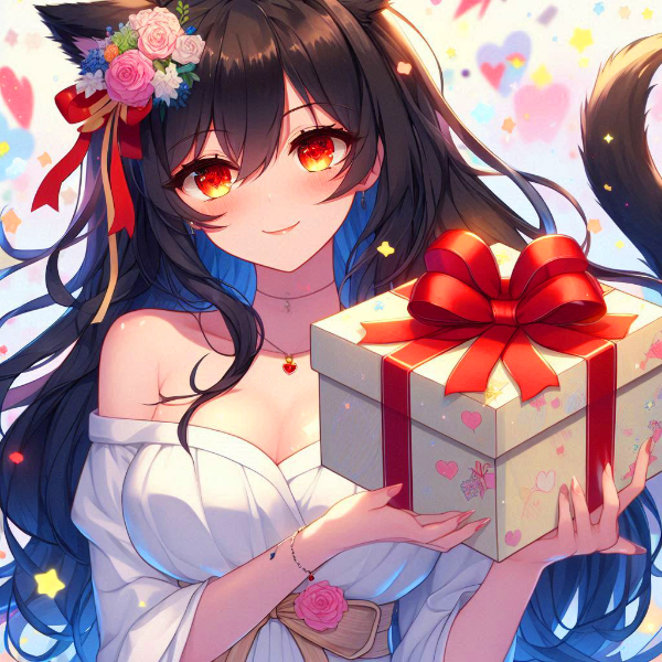 箱を持ってる、猫耳黒髪ロング女性★(3枚)