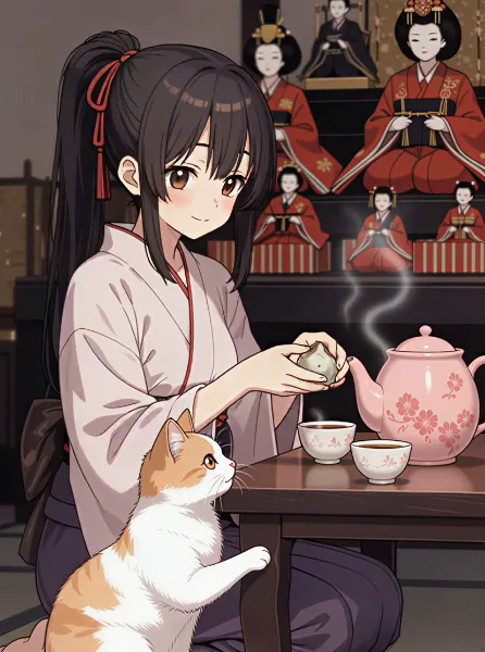 ひな祭りの日になるとひな人形の前でお茶から謎の物体が取り出せる儀式が行えるようになる世界線の少女と猫
