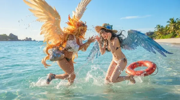 海ではしゃぐハールート・マールート