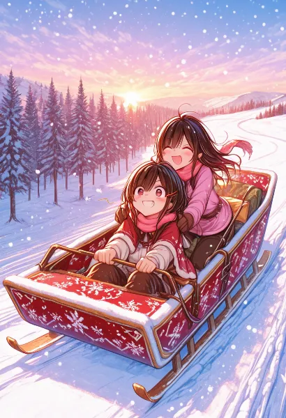 雪の丘を駆け下りる姉妹の冬物語