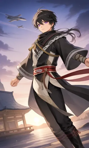 夕陽に舞う黒髪の剣士