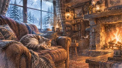 雪降る窓辺と暖炉のログハウス｜ふかふかソファで眠る猫に癒やされるコテージコアな冬のクラシックファンタジー