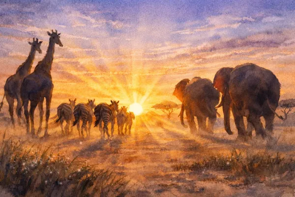 サバンナの黄金旅 - 動物たちの夕陽行