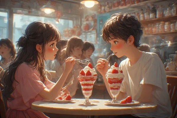 甘いパフェの共有と初恋の予感