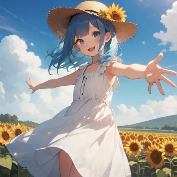 青髪っ娘と向日葵