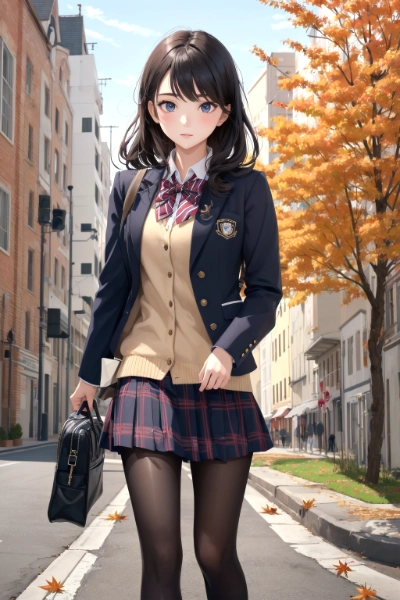 1 Girl, high school student, blazer uniform, autumn, walking, outdoor,