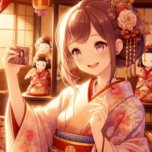 お雛様と一緒に自撮り