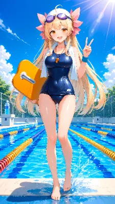プールの水泳特訓でスタート前のピース