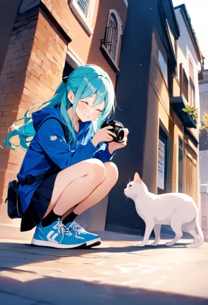 青髪少女と白猫の街角出会い