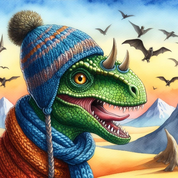 ニット帽をかぶった恐竜