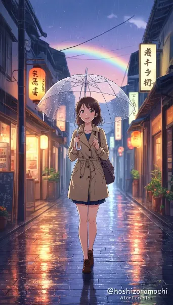 雨上がりの商店街、傘をすぼめて - Shopping street after the rain, umbrellas closed