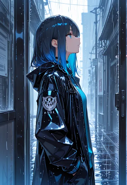 雨の路地に佇む青い影