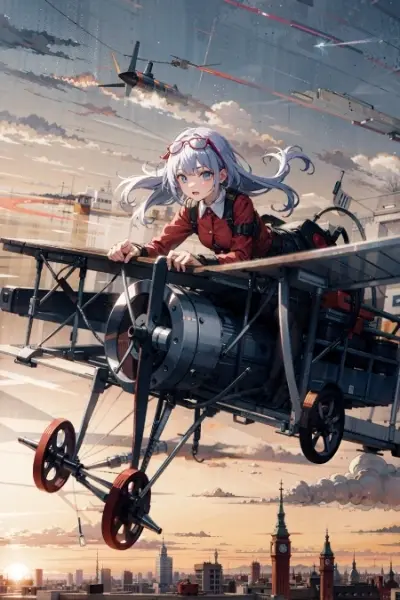 複葉機に乗る少女