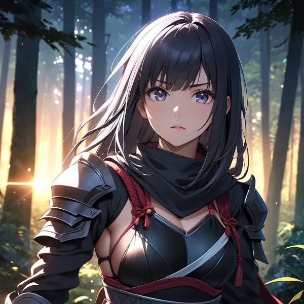 森の夕陽に立つ黒髪戦士