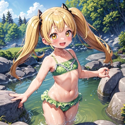 金髪ツインテールな娘が下着姿で川遊び