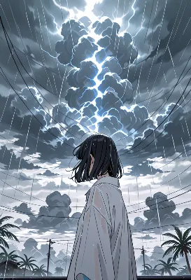 雷鳴の空に立ちすくむ少女