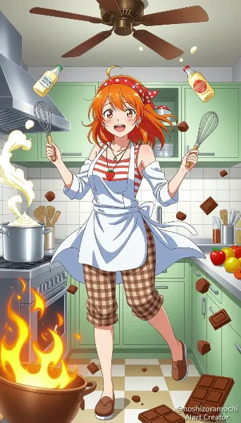 キッチンで宙を舞う炎のパティシエ！ - A pastry chef with flames dancing in the air in the kitchen!