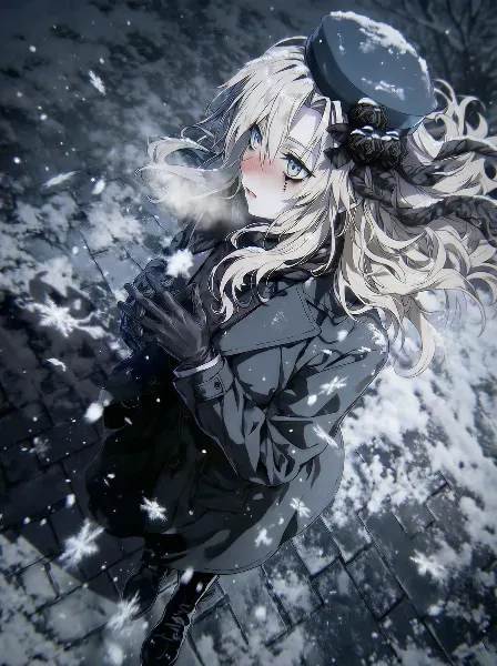 雪が降ってる中白い吐息を吐く冬服のクリームヒルト❄️