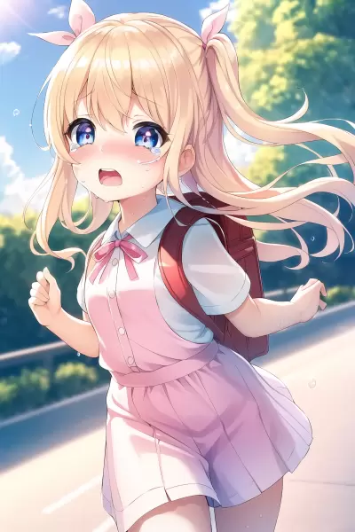 学校に急ぐ金髪少女