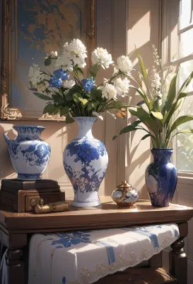 窓辺の陽光と青花の優雅なひととき