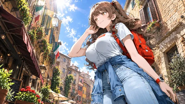 陽光降り注ぐイタリアの街角