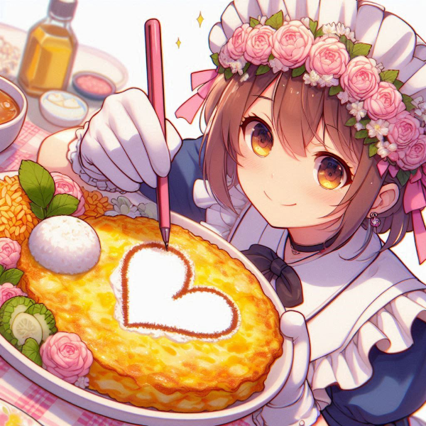花冠のメイドさんがオムライスにハートを描いている