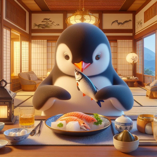 料亭で魚を頂くペンギン