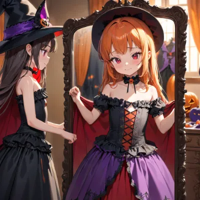Halloweenパーティーの衣装あわせをしている少女